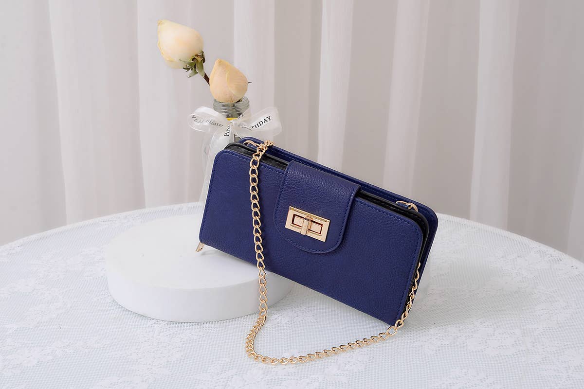 Turn Lock Wallet with Crossbody Chain Strap
