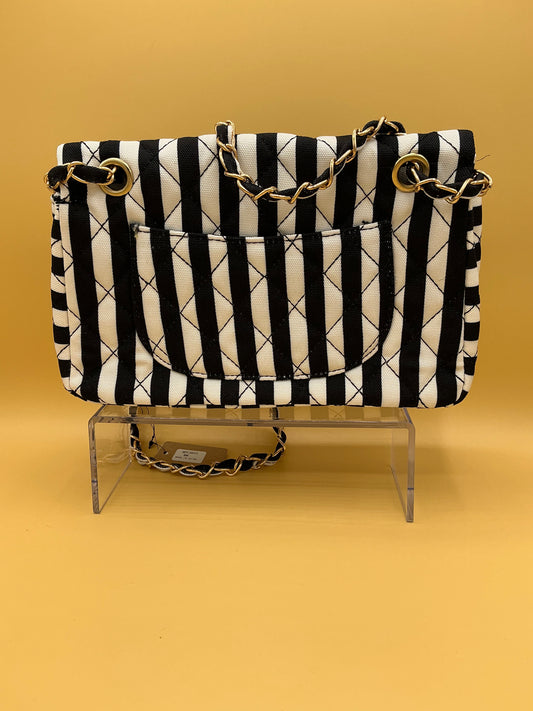 Black and White Striped Clutch with Adjustable Chain Strap