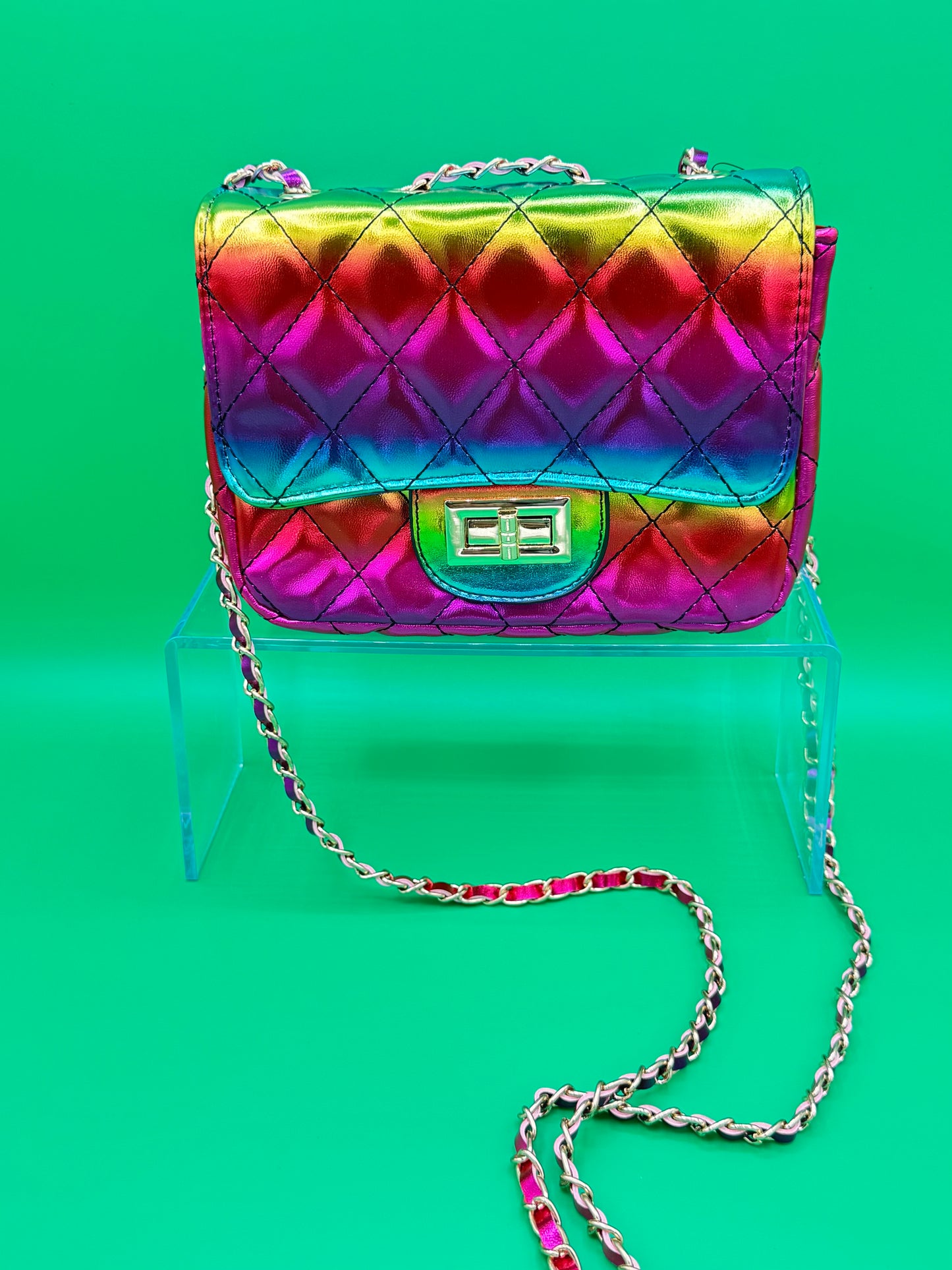 Quilted Rainbow Mini Crossbody with Chain Strap