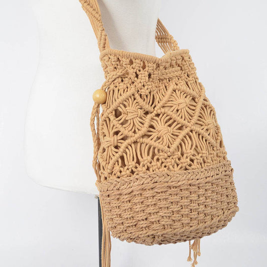 Handmade Straw and Cotton Bucket Bag