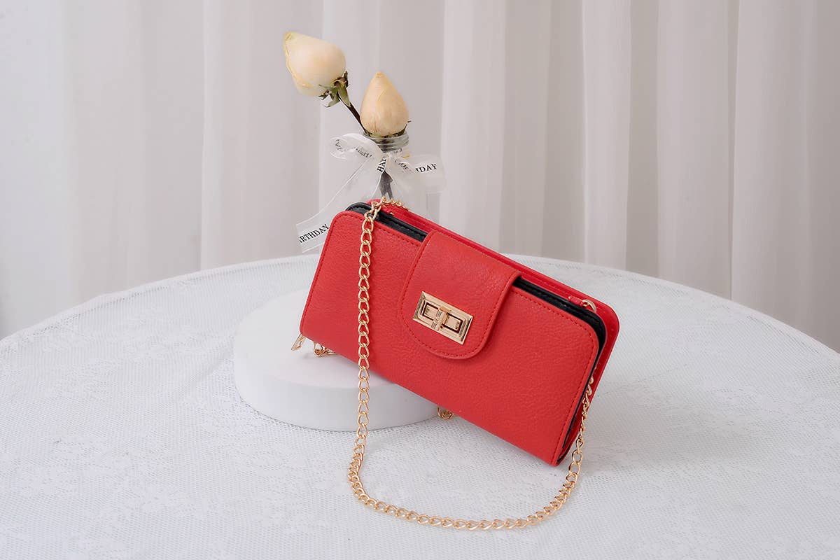 Turn Lock Wallet with Crossbody Chain Strap