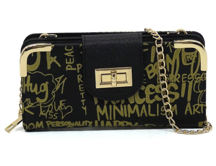 Graphic Print Wallet with Chain Strap - Black and Gold
