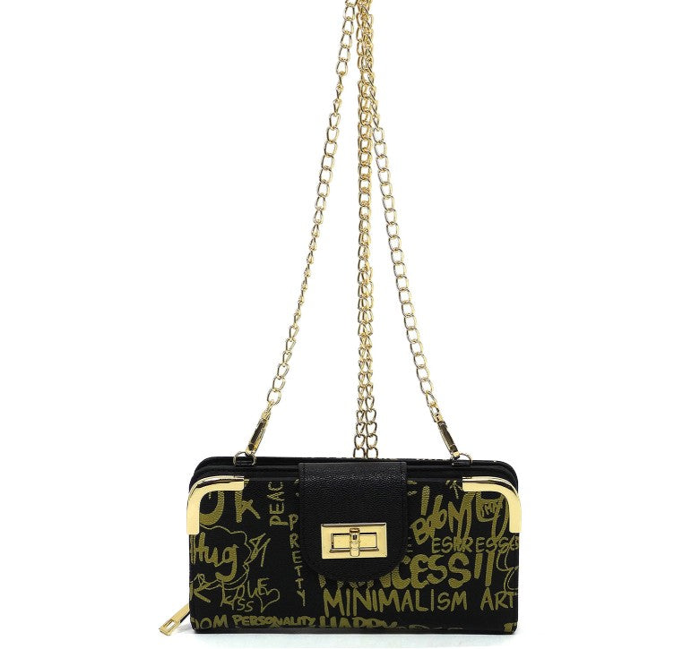 Graphic Print Wallet with Chain Strap - Black and Gold