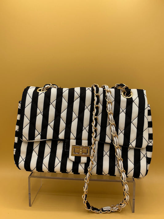 Black and White Striped Clutch with Adjustable Chain Strap